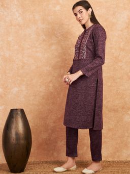 HK colours of fashion - Women Embroidered Purple Kurta with Pant (Set of 2)