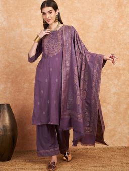 HK colours of fashion - Woven Floral Design Purple Unstitched Suit with Stole (Set of 3)