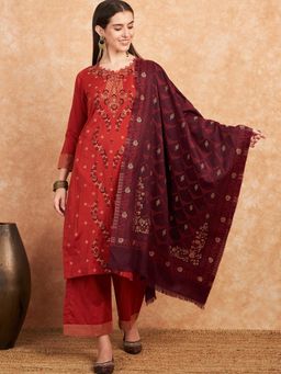 HK colours of fashion - Woven Floral Design Rust Unstitched Suit with Stole (Set of 3)