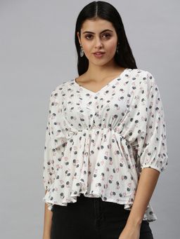 SHOWOFF - Women V-Neck Balloon Sleeves Floral White Top
