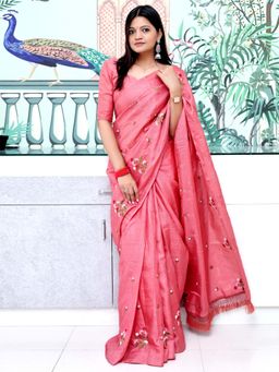 Akhilam - Pink Embroidered Doriya Saree with Unstitched Blouse