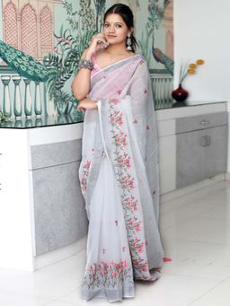 Akhilam - White Printed Linen Saree with Unstitched Blouse