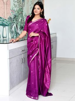 Akhilam - Purple Printed Chanderi Silk Saree with Unstitched Blouse
