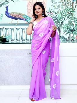 Akhilam - Lavender Embroidered Georgette Saree with Unstitched Blouse