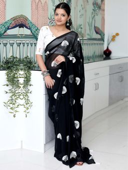 Akhilam - Black Embroidered Georgette Saree with Unstitched Blouse