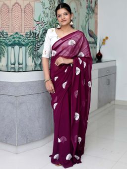Akhilam - Wine Embroidered Georgette Saree with Unstitched Blouse