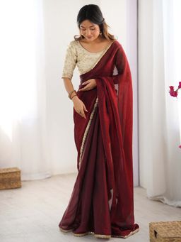 Akhilam - Maroon Solid Satin Saree with Unstitched Blouse