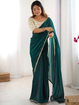 Akhilam - Teal Solid Satin Saree with Unstitched Blouse