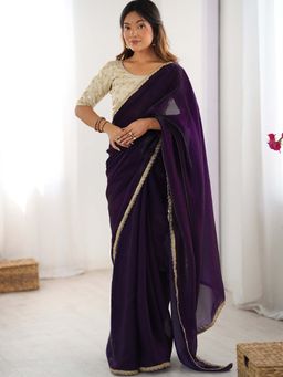 Akhilam - Purple Solid Satin Saree with Unstitched Blouse