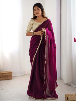 Akhilam - Wine Solid Satin Saree with Unstitched Blouse