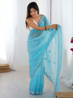 Akhilam - Blue Embellished Chiffon Saree with Unstitched Blouse