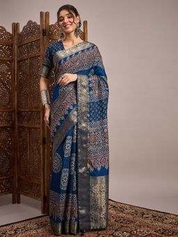Akhilam - Navy Blue Woven Viscose Saree with Unstitched Blouse