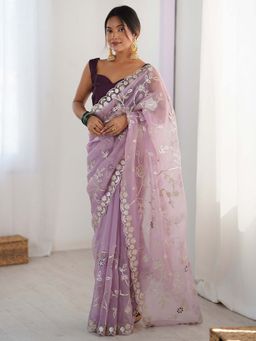 Akhilam - Lavender Embroidered Organza Saree with Unstitched Blouse