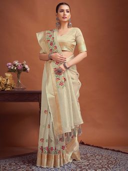 Akhilam - Cream Embroidered Linen Saree with Unstitched Blouse