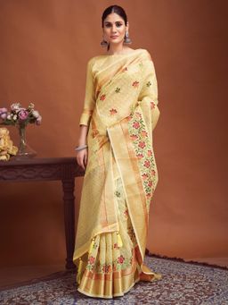 Akhilam - Yellow Embroidered Linen Saree with Unstitched Blouse