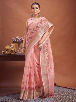 Akhilam - Pink Embroidered Linen Saree with Unstitched Blouse