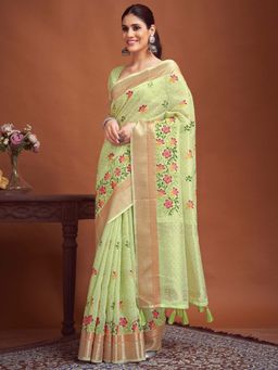 Akhilam - Green Embroidered Linen Saree with Unstitched Blouse