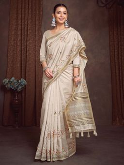 Akhilam - Cream Embroidered Linen Blend Saree with Unstitched Blouse