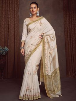 Akhilam - Cream Embroidered Linen Blend Saree with Unstitched Blouse