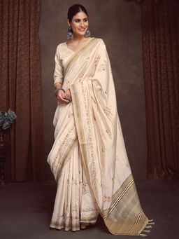 Akhilam - Cream Embroidered Linen Blend Saree with Unstitched Blouse