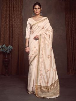Akhilam - Cream Embroidered Linen Blend Saree with Unstitched Blouse