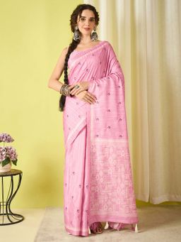 Akhilam - Pink Embroidered Silk Blend Saree with Unstitched Blouse