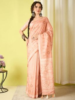 Akhilam - Peach Embroidered Silk Blend Saree with Unstitched Blouse