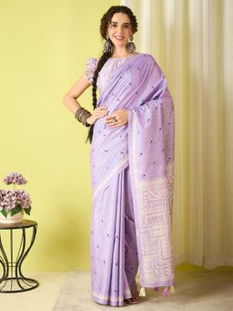 Akhilam - Lavender Embroidered Silk Blend Saree with Unstitched Blouse