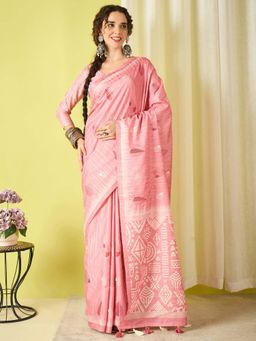 Akhilam - Pink Embroidered Silk Blend Saree with Unstitched Blouse
