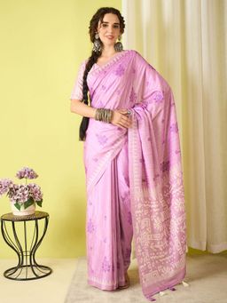 Akhilam - Mauve Embroidered Silk Blend Saree with Unstitched Blouse