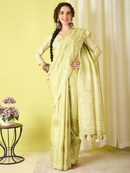 Akhilam - Green Embroidered Silk Blend Saree with Unstitched Blouse