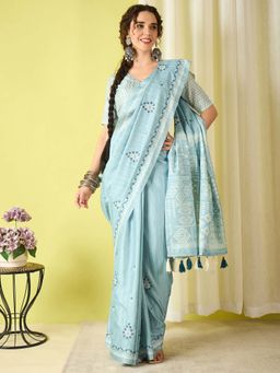 Akhilam - Blue Embroidered Silk Blend Saree with Unstitched Blouse