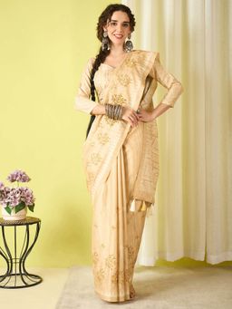 Akhilam - Beige Embroidered Silk Blend Saree with Unstitched Blouse