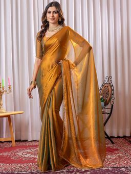 Akhilam - Gold Solid Silk Blend Saree with Unstitched Blouse