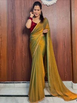 Akhilam - Gold Solid Silk Blend Saree with Unstitched Blouse