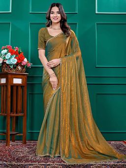 Akhilam - Gold Solid Silk Blend Saree with Unstitched Blouse