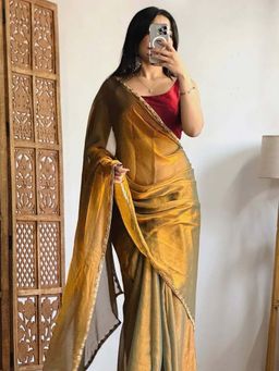 Akhilam - Gold Solid Silk Blend Saree with Unstitched Blouse