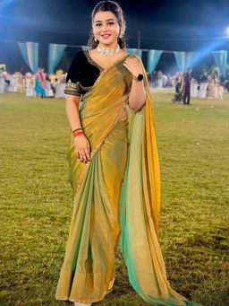 Akhilam - Gold Solid Silk Blend Saree with Unstitched Blouse