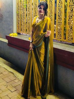 Akhilam - Gold Solid Silk Blend Saree with Unstitched Blouse