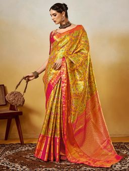 Akhilam - Yellow Woven Silk Blend Saree with Unstitched Blouse