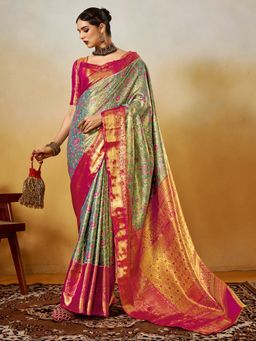 Akhilam - Turquoise Woven Silk Blend Saree with Unstitched Blouse
