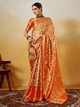 Akhilam - Orange Woven Silk Blend Saree with Unstitched Blouse