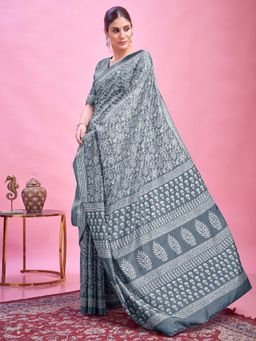 Akhilam - Grey Printed Silk Saree with Unstitched Blouse