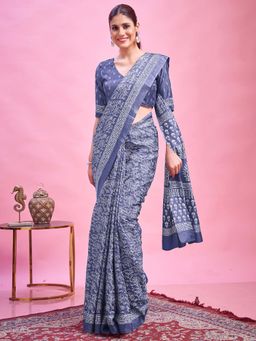 Akhilam - Navy Blue Printed Silk Saree with Unstitched Blouse