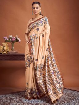 Akhilam - Cream Printed Silk Saree with Unstitched Blouse