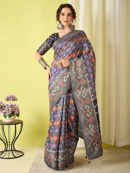 Akhilam - Grey Woven Silk Blend Saree with Unstitched Blouse