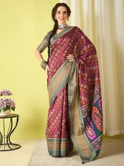 Akhilam - Brown Woven Silk Blend Saree with Unstitched Blouse