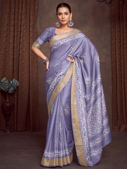Akhilam - Lavender Printed Silk Blend Saree with Unstitched Blouse