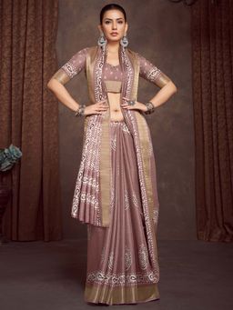 Akhilam - Brown Printed Silk Blend Saree with Unstitched Blouse