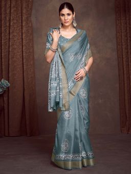 Akhilam - Grey Printed Silk Blend Saree with Unstitched Blouse